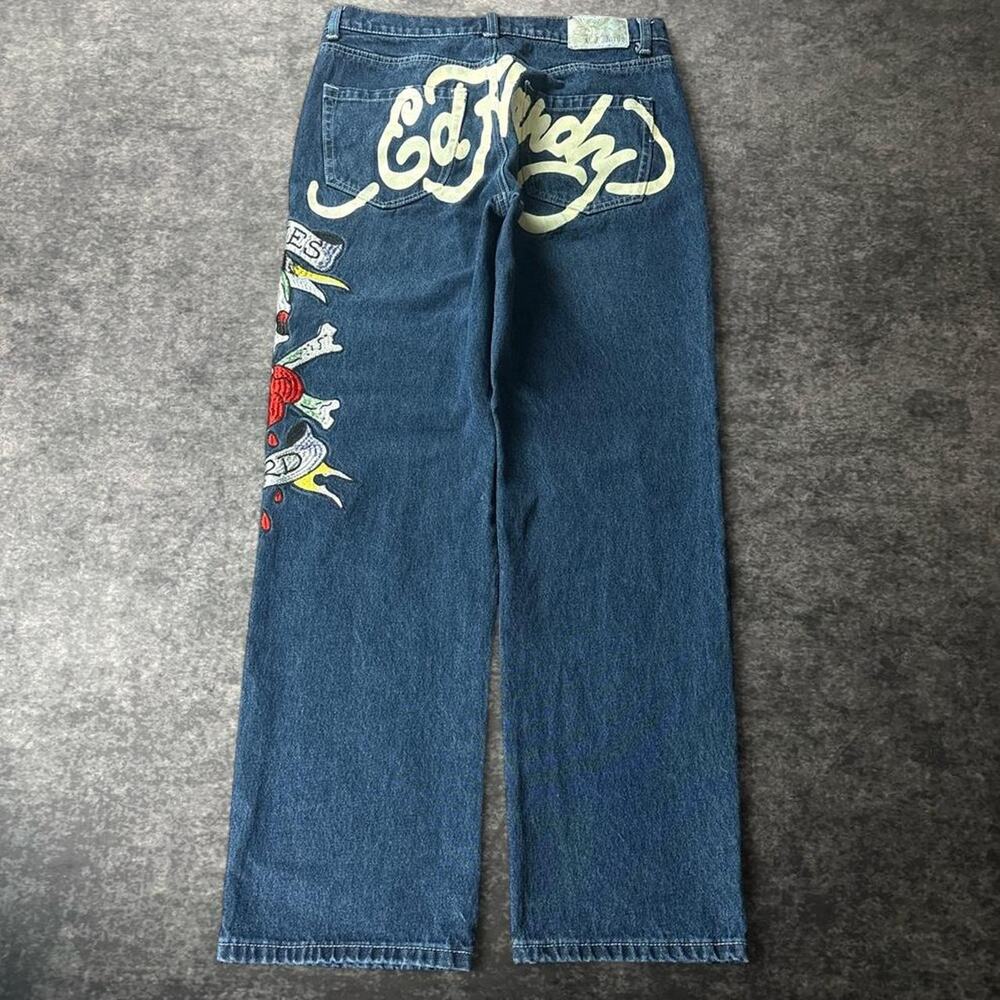 Ed Hardy Denim Mens 32 Blue Jean Large Back Graphic Embroidered Skull Tattoo Y2K